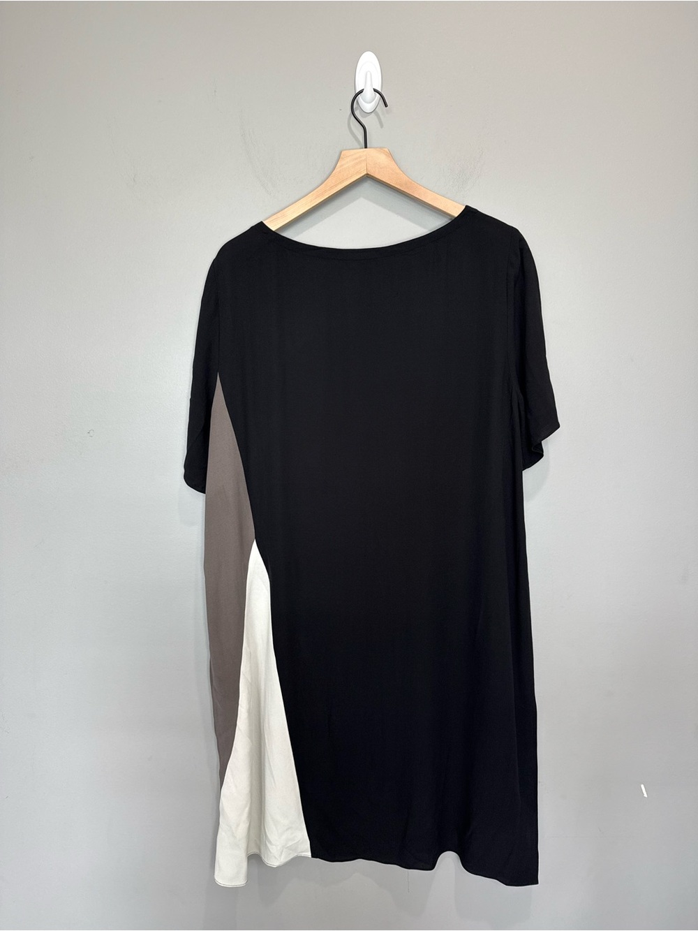 Eileen Fisher 100% Silk Color-block Georgette Shift Dress Black Gray Cream S18GC - Picture 6 of 8